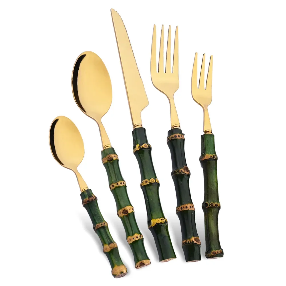 Gold Plated Cutlery - 5Pcs Natural Green Bamboo Handle Cutlery