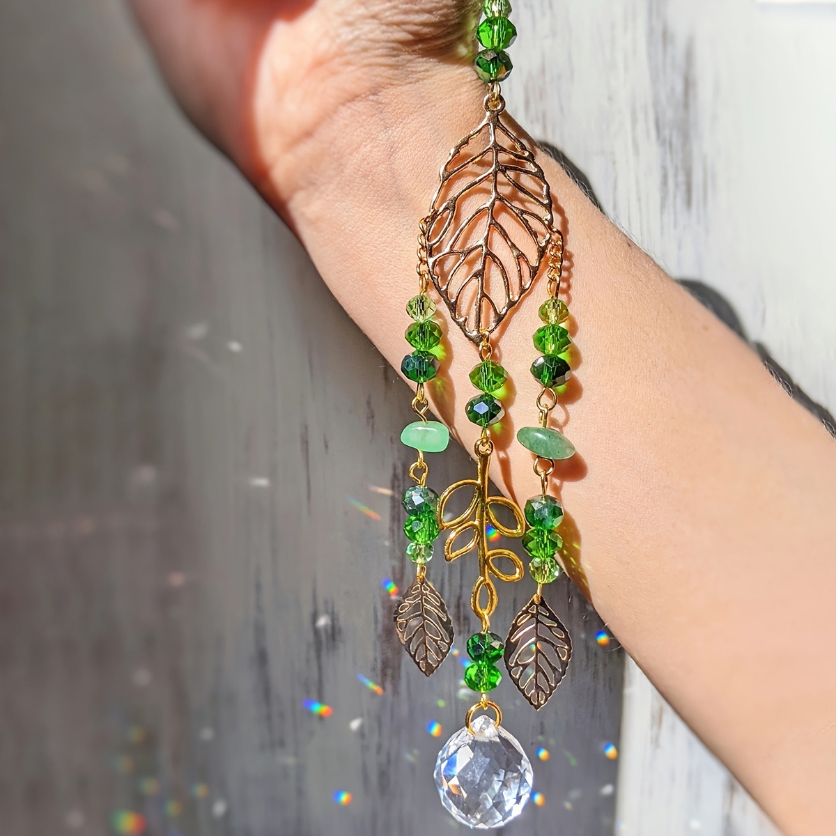 Crystal Ball Decor - Crystal Suncatcher Gold Leaf Green Beads