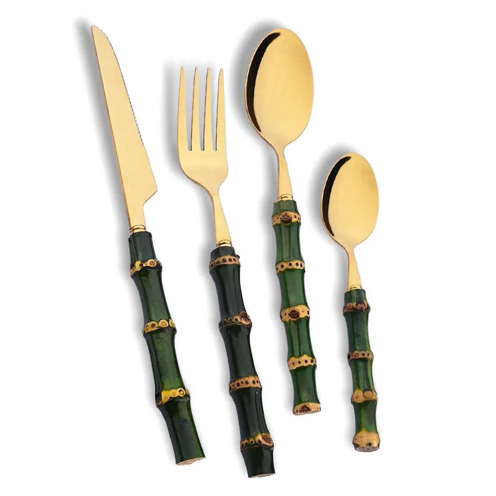4Pcs Natural Bamboo Handle Din - огляд і ціна Gold Plated Cutlery