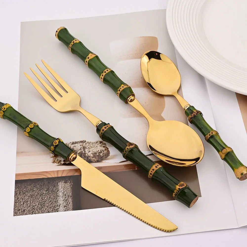 4Pcs Natural Bamboo Handle Din - огляд і ціна Gold Plated Cutlery