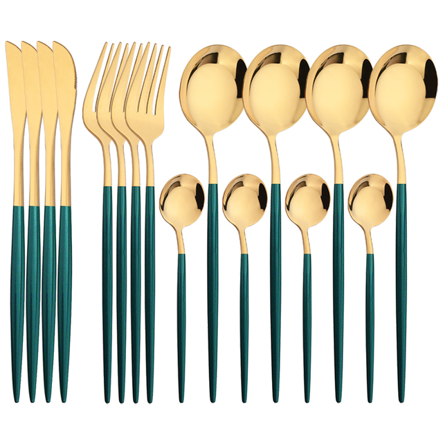 16Pcs Green Gold Dinnerware St - огляд і ціна Gold Plated Cutlery