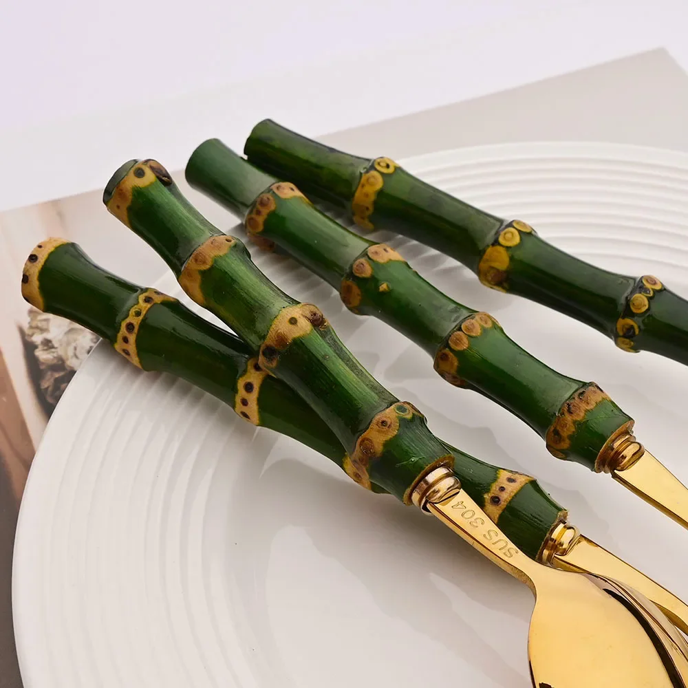 5Pcs Natural Green Bamboo Hand - огляд і ціна Gold Plated Cutlery